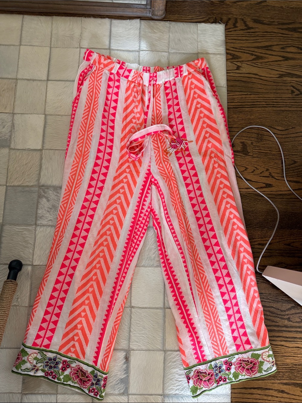 FARM Rio Pink & Coral Striped Embroidered Wide-Leg Pants